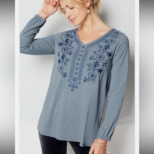 Pure J Jill Top Women M Blue Floral Embroidered V Neck Tunic Boho Cottage Preppy
